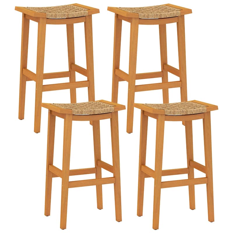 Gymax Outdoor Acacia Wood Bar Stools Set of 4 w/ PE Rattan Seats & - Bar Height - Set of 4 - Brown
