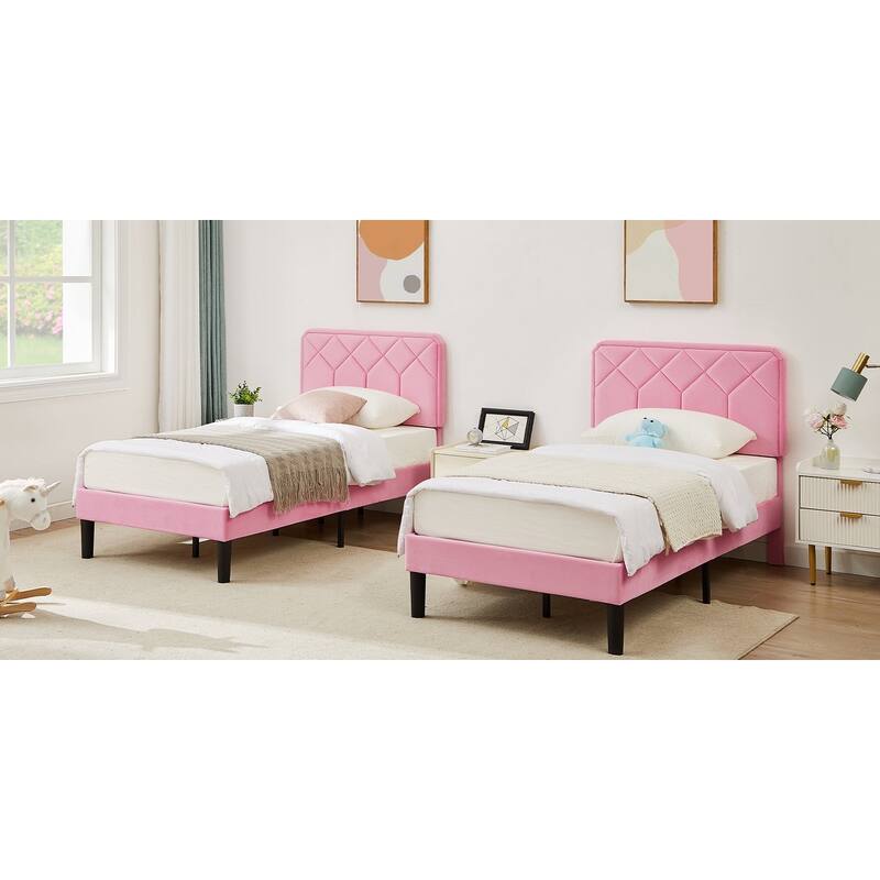 2 Pcs Upholstered Twin Size Platform Bed with Adjustable Headboard