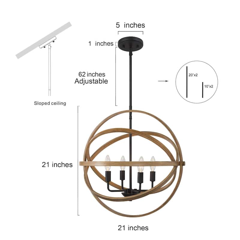 Modern Farmhouse 4-Light Globe Wood Grain Chandelier Island Lights for Dining Room