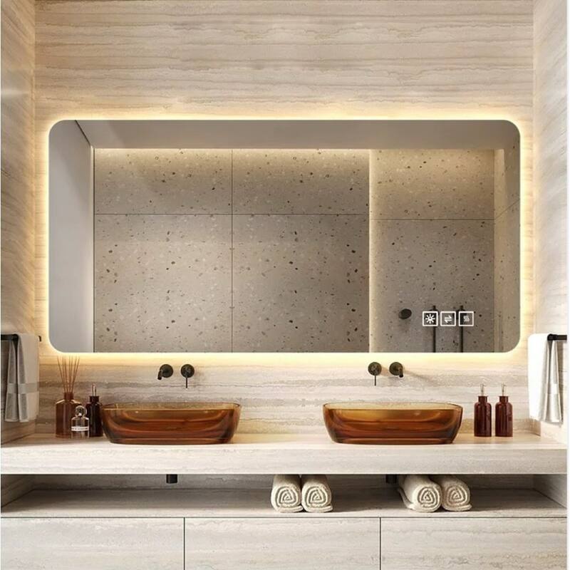 LED Wall Mirror - Bathroom/Full-Length/Makeup Use, 3 Color Lighting, Dimming, Waterproof - Silver