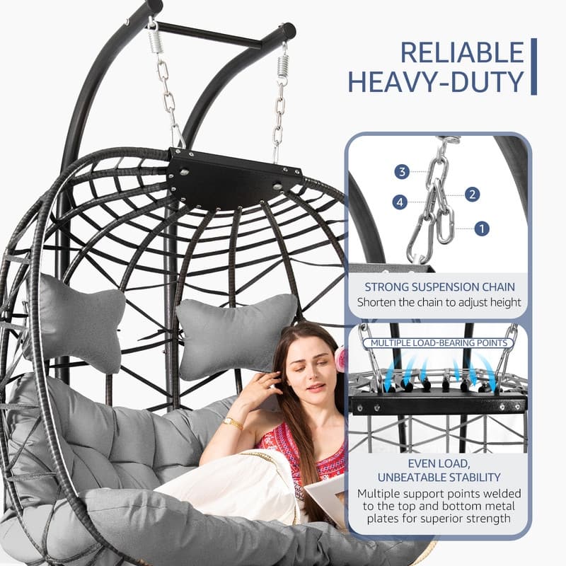 Oversized Outdoor Double Swing Egg Chair, 700 lbs Capacity 2-Person Hanging Egg Chair Swing with Cushion