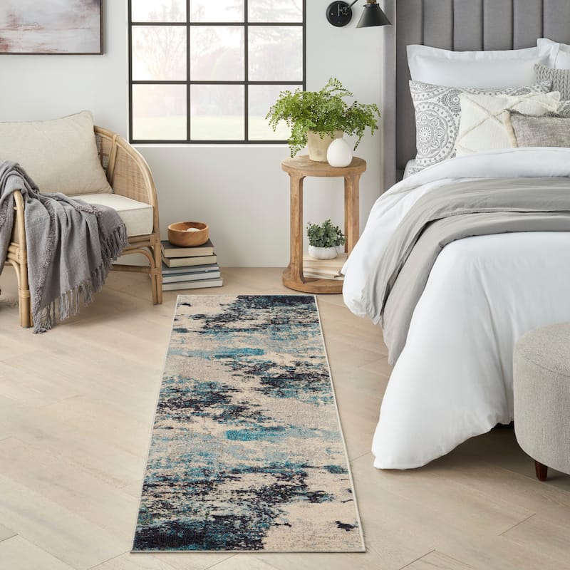 Nourison Modern Abstract Sublime Area Rug - Ivory/Blue - Runner - 2'2" x 7'6" Runner