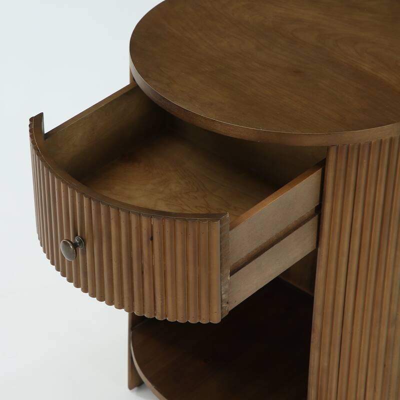 2-Tier Round End Table with Drawer, No Assembly Required, Wooden Beside Table, Circle Nightstand for Bedroom, Living Room