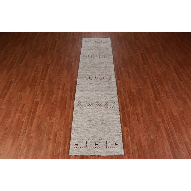 Hand Knotted Oriental 100% Wool Carpet Tribal Animal Pictorial Beige & Ivories Gabbeh Runner Rug - 9' 10'' X 2' 6''