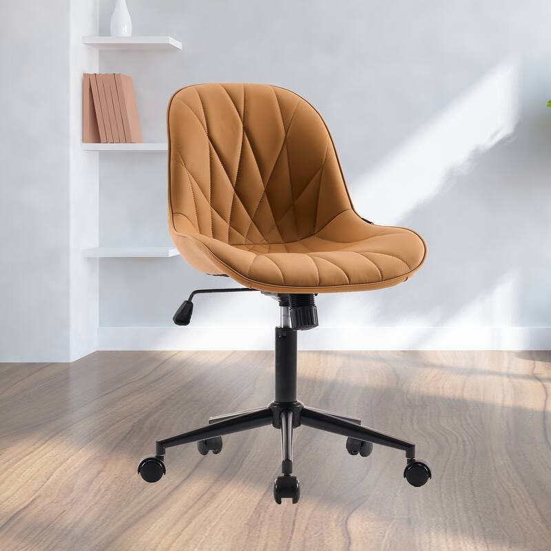 Armless Swivel Office Chair, Faux Leather Task Chairs with Wheels - Tan