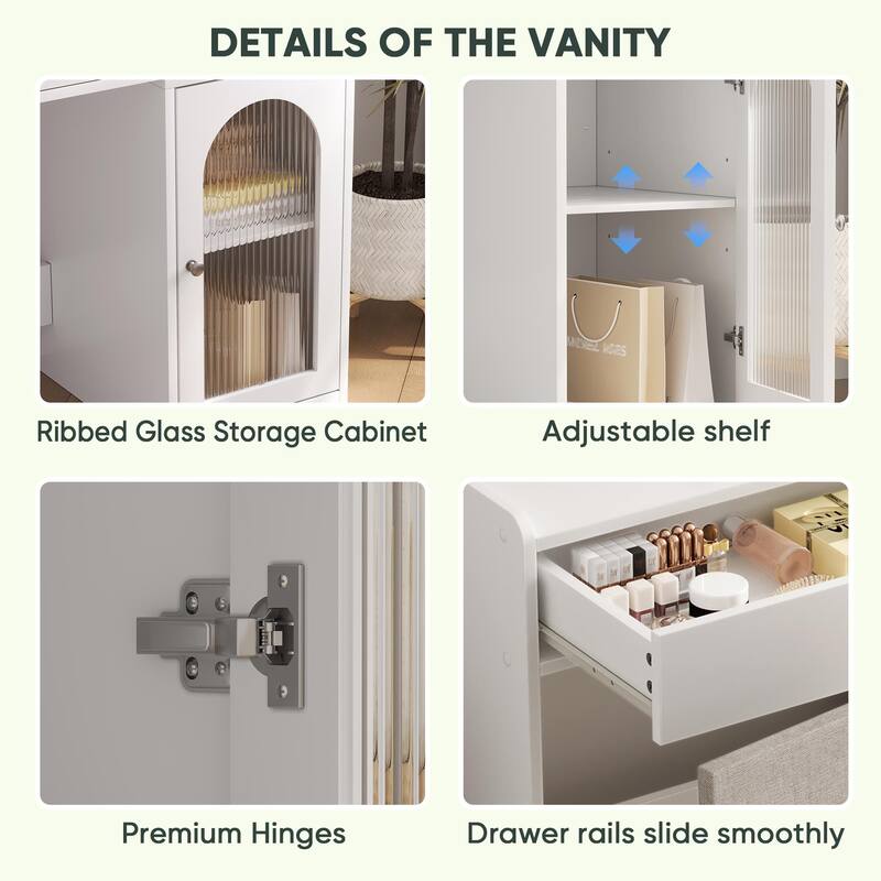 Makeup Vanity Table with Adjustable Lighted Mirror, Side Cabinet & Hidden Storage Chair - White 38.5"