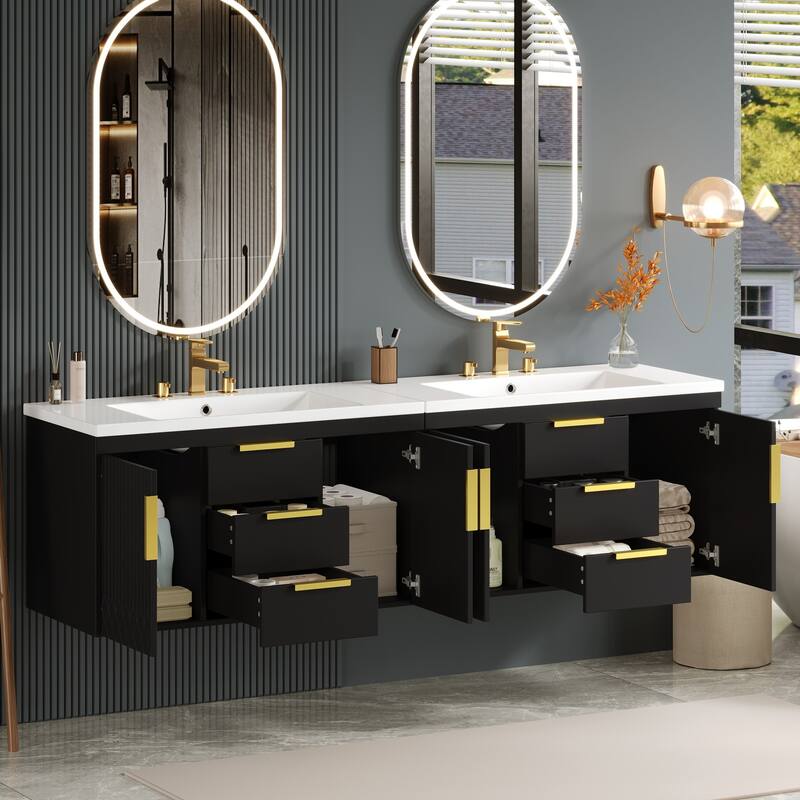 72"Wall Mounted Bathroom Vanity, Floating Bathroom Storage Cabinet with 2 Drawers, Solid Wood Bathroom Cabinet