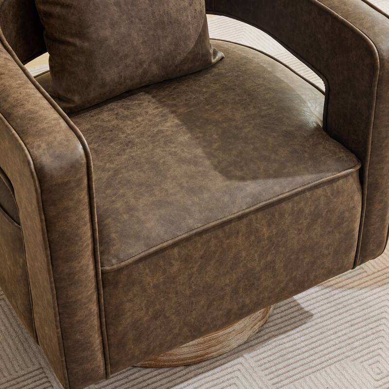 Modern Swivel Chair,PU leather Barrel Chair with Wooden Base and pillow