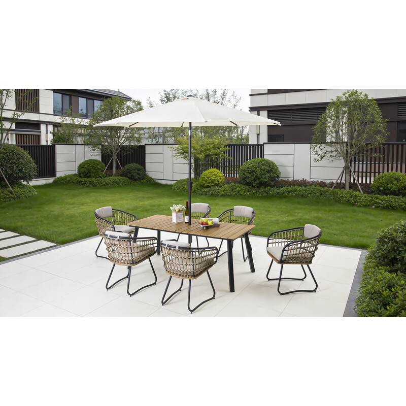 Outdoor Folding Dining Table for 4-6, Steel Frame with Umbrella Hole for Patio, Garden, Backyard, Deck, Poolside