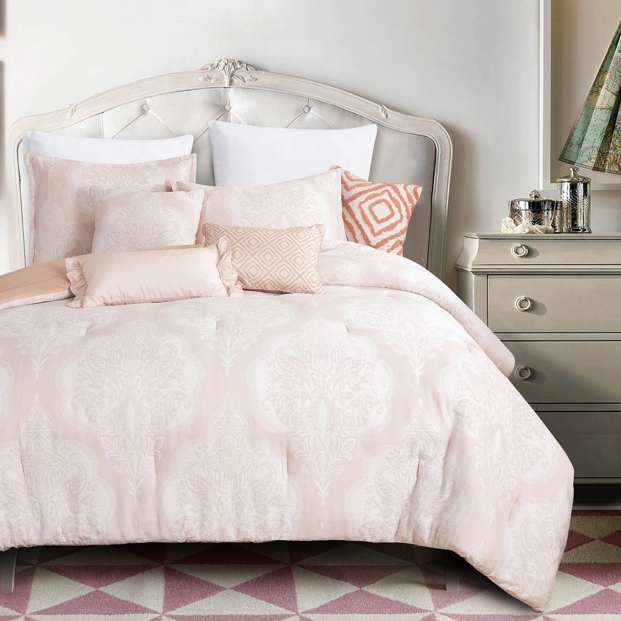 7 Piece Pink Floral Boho Comforter Set Boho Embroidery Soft Bedding