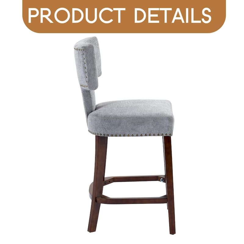 Mid Century Modern Counter Height Bar Stools Set of 2, Farmhouse Linen Fabric Upholstered Accent Chair Curved Backrest