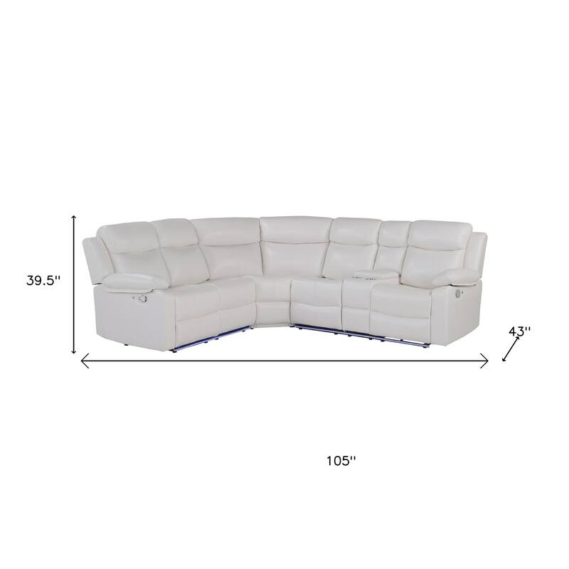 HomeRoots Off White Faux Leather Reclining Curved Six Piece Sectional With LED And Console