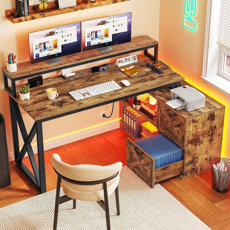 Moasis 55" L Shaped Computer Desk LED Lights Office Desk with File Cabinet - Rustic Brown