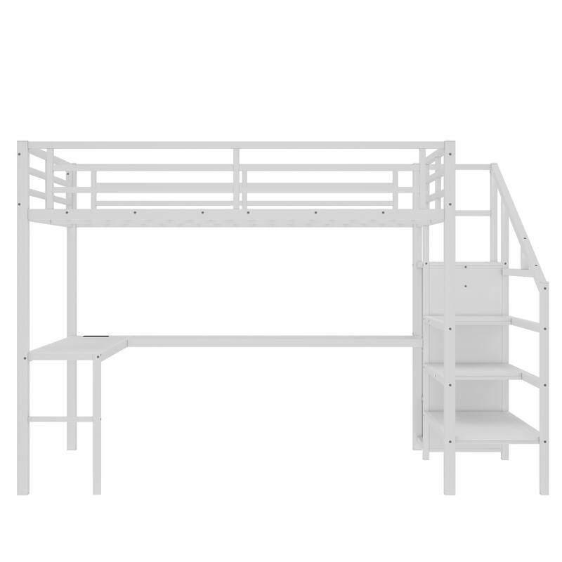 Roomfitters Queen Size Metal Loft Bed with L-Shaped Desk, USB Ports, LED Lighting & Adjustable Shelves, White