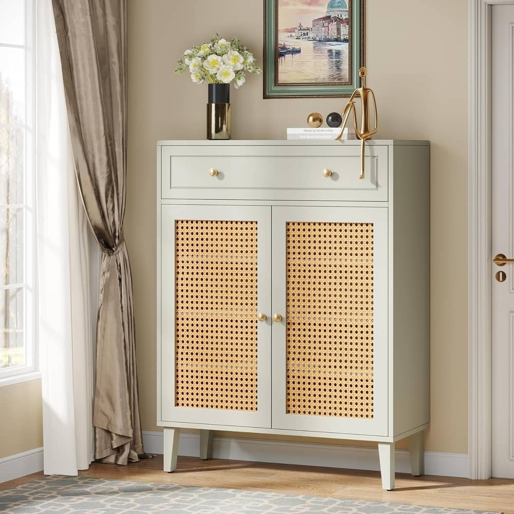 Shoe Cabinet with Doors and Drawer, Modern Rattan Shoe Storage Cabinet for Entryway, Mint Green