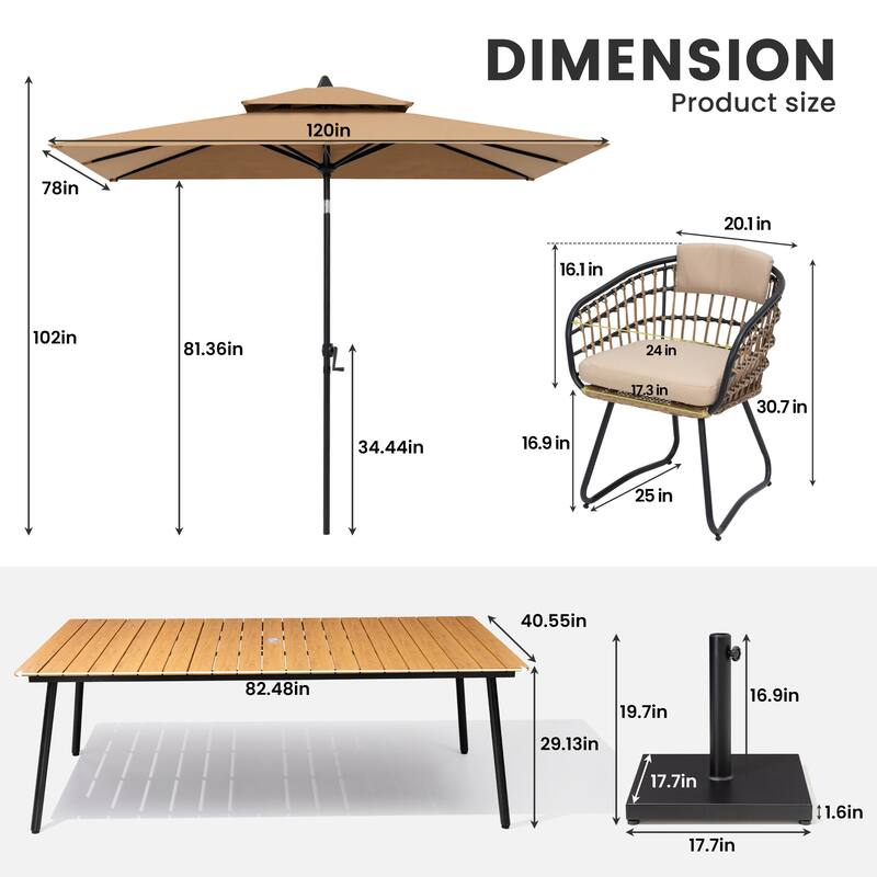 9/11-piece Outdoor Dining Set w/ Umbrella and Base Aluminum Dining Table and PE Rattan Chairs