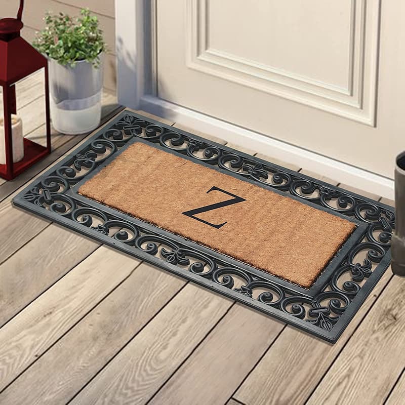 A1HC Rubber and Coir Paisley Border Monogrammed Outdoor Doormat Black, 18"X30"
