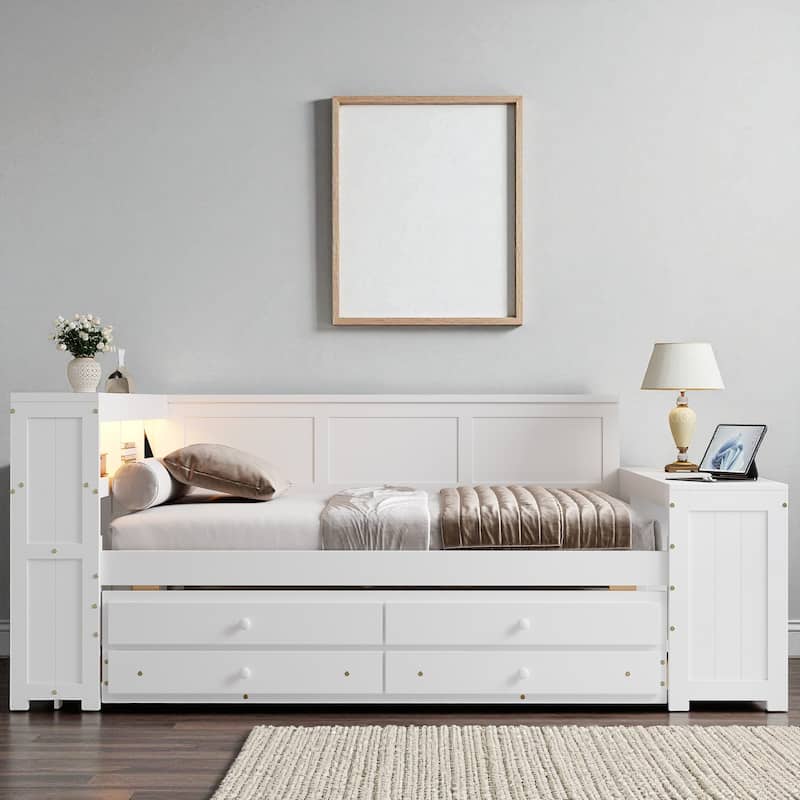 Full Size Daybed with Storage Shelves, Drawers, Trundle, Desk, Cabinet, LED Light and Charging Station, Pine Wood Frame