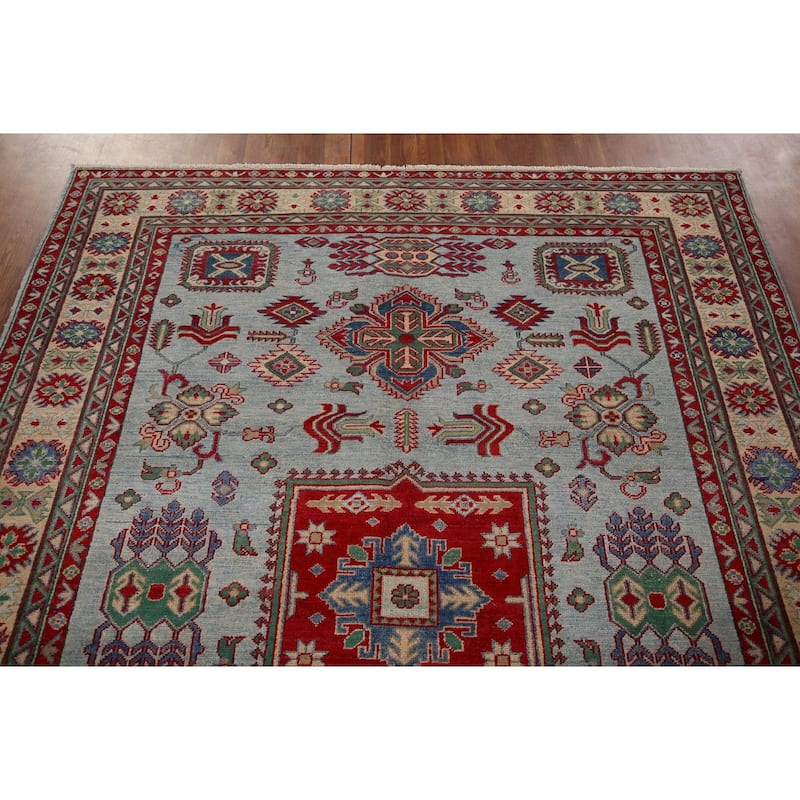 Light Blue Kazak Area Rug Hand-Knotted Dining Room Wool Carpet - 6'7" x 8'7"