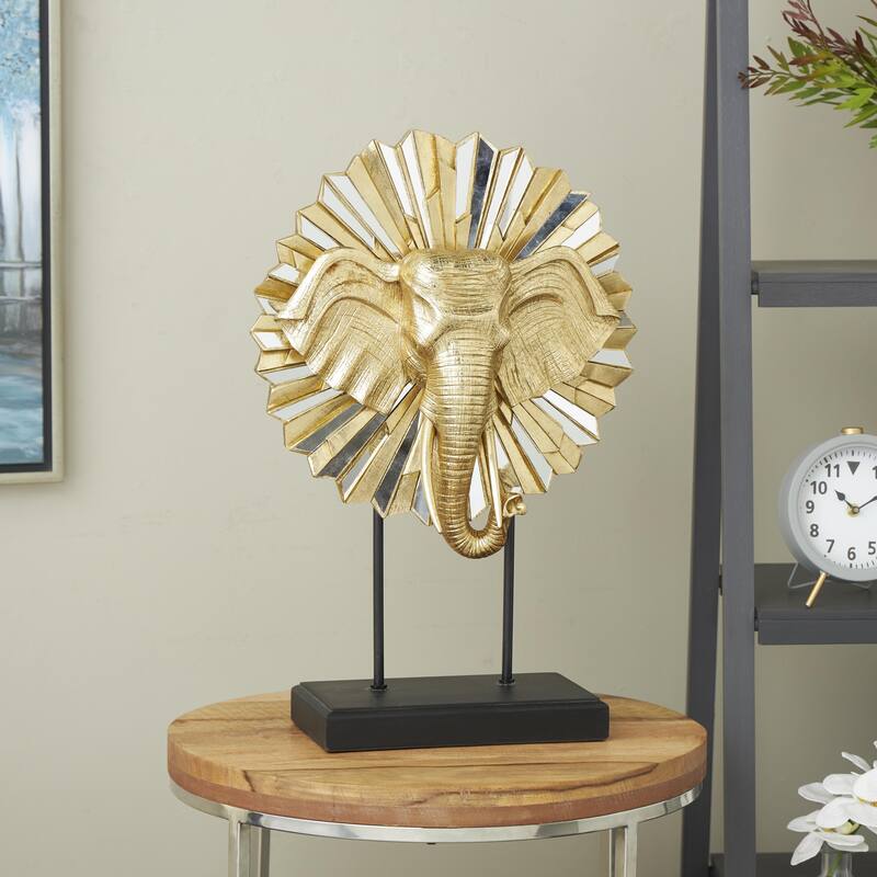 Resin Elephant Decorative Sculpture with Mirrored Sunburst Accent and Black Stand - Gold - Roche River Decor