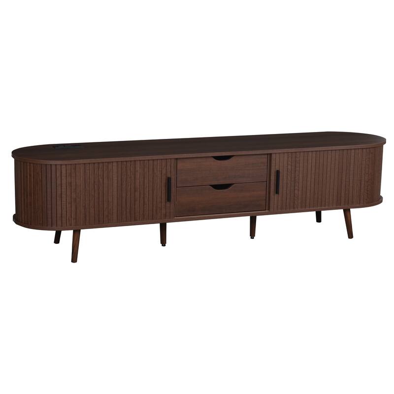 Mid Century Modern TV Stand for TVs up to 80 Inch, Sliding Barn Door TV Cabinet Media Console Table with Outlets and USB Ports