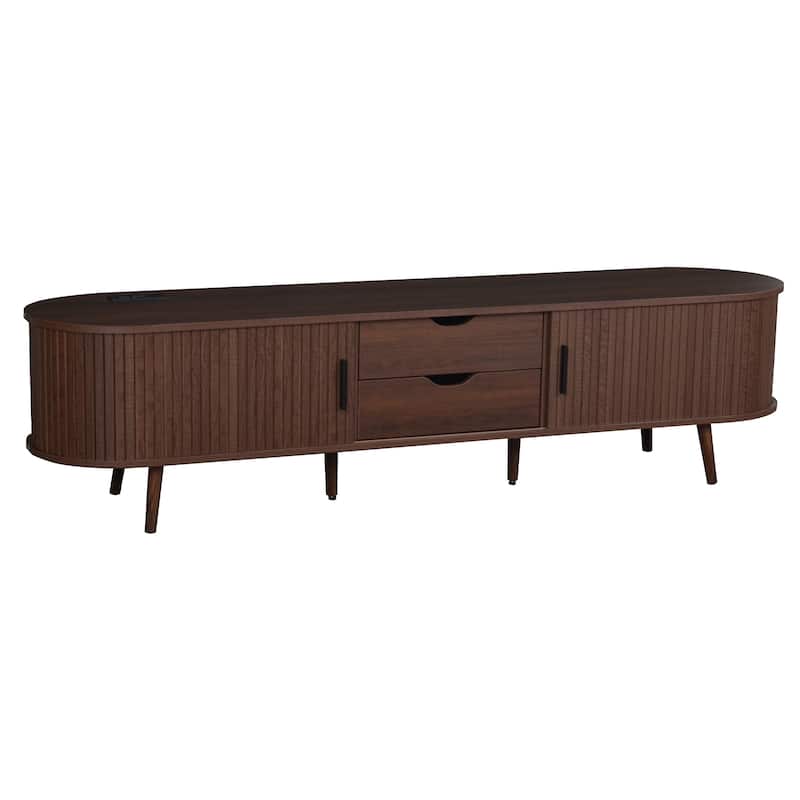 Roomfitters 70" Mid-Century Modern TV Stand with Tambour Doors and Drawers, Entertainment Console with Power Outlet, Walnut
