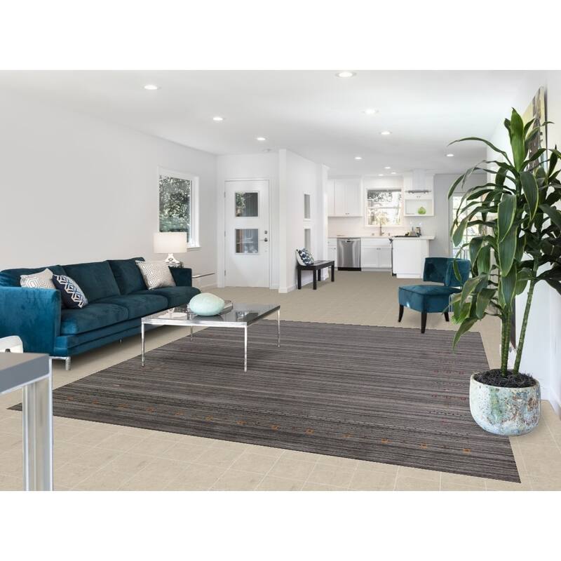 Hand Knotted Oriental 100% Wool Carpet Tribal Stripe Greys & Charcoal Gabbeh Area Rug - 9' 7'' X 8' 1''