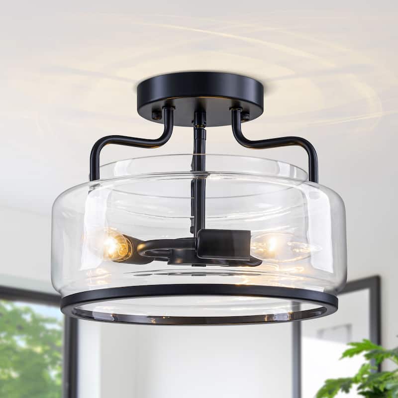Starsky 3-Light Farmhouse Clear Glass Drum Flush Mount - Black - Black