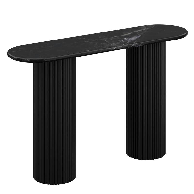 Mid-Century Modern Solid Wood & Marble Console Table - Black