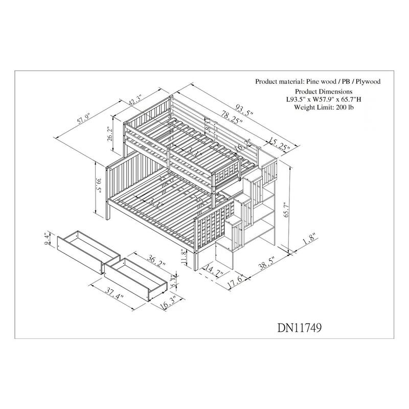 Twin Over Full Bunk Bed with 2 Drawers and Staircases, Convertible into