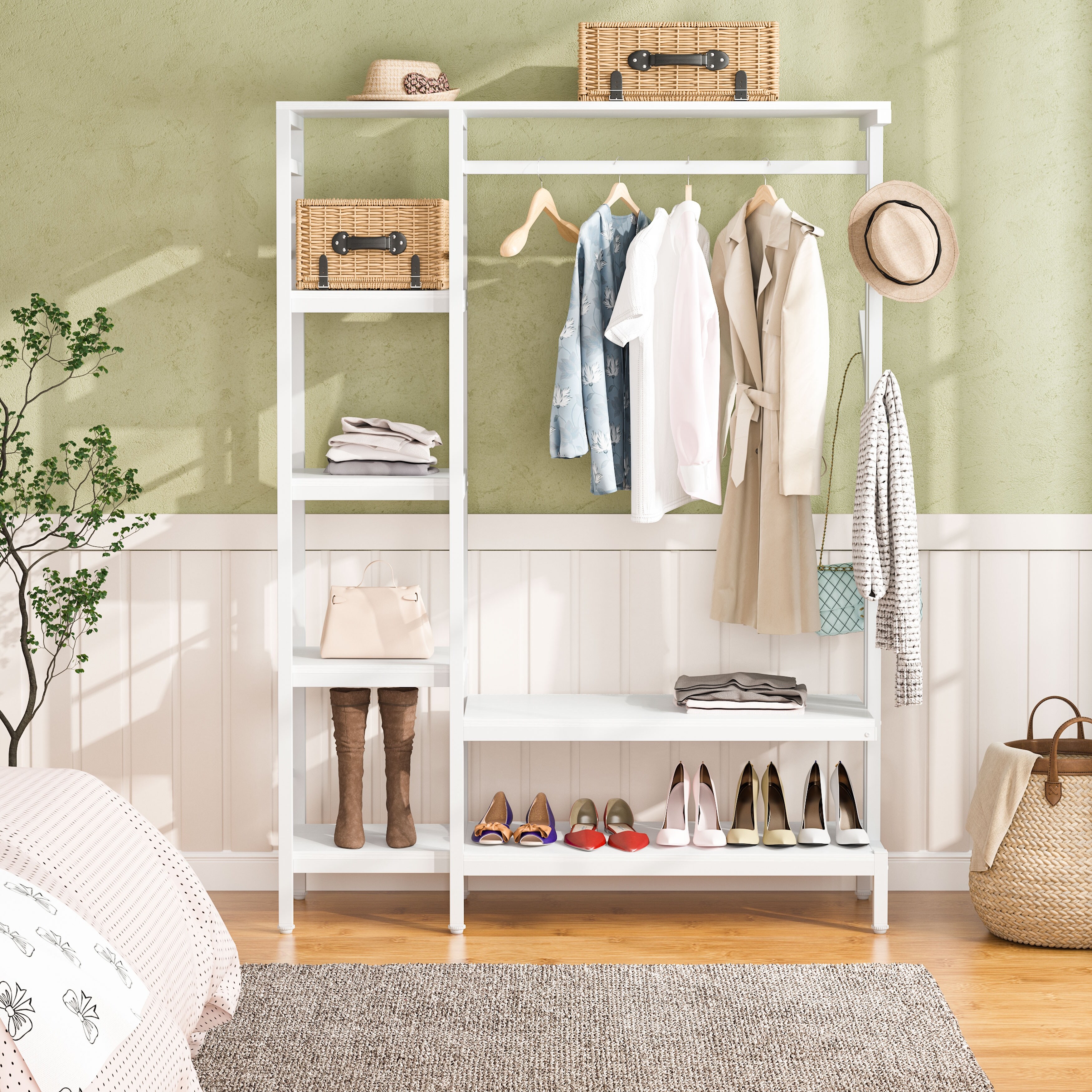 Free standing Closet Organizer with Hooks Garment Rack Coat Rack with Shoe Bench On Sale Bed Bath Beyond 35781344