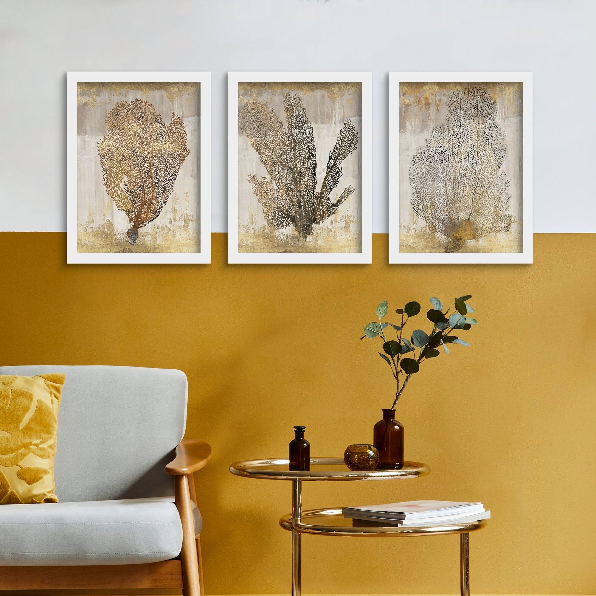 Gold Coral PI Creative Art Coastal 3 Piece Framed Gallery Art Set