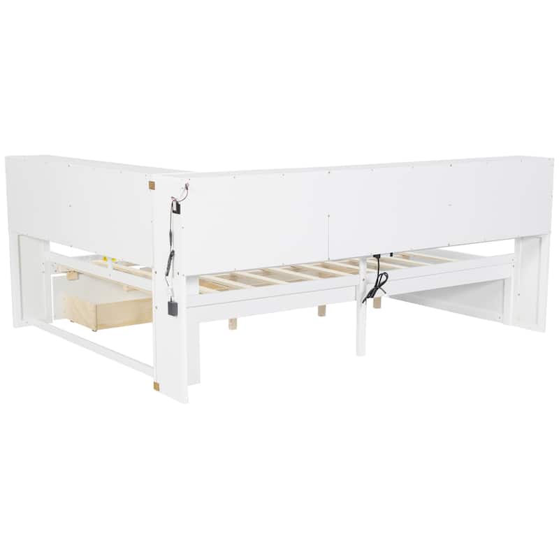 Queen Size Wood Daybed with LED Storage Shelves, USB Ports, and 2 Drawers by Harper&Bright Designs