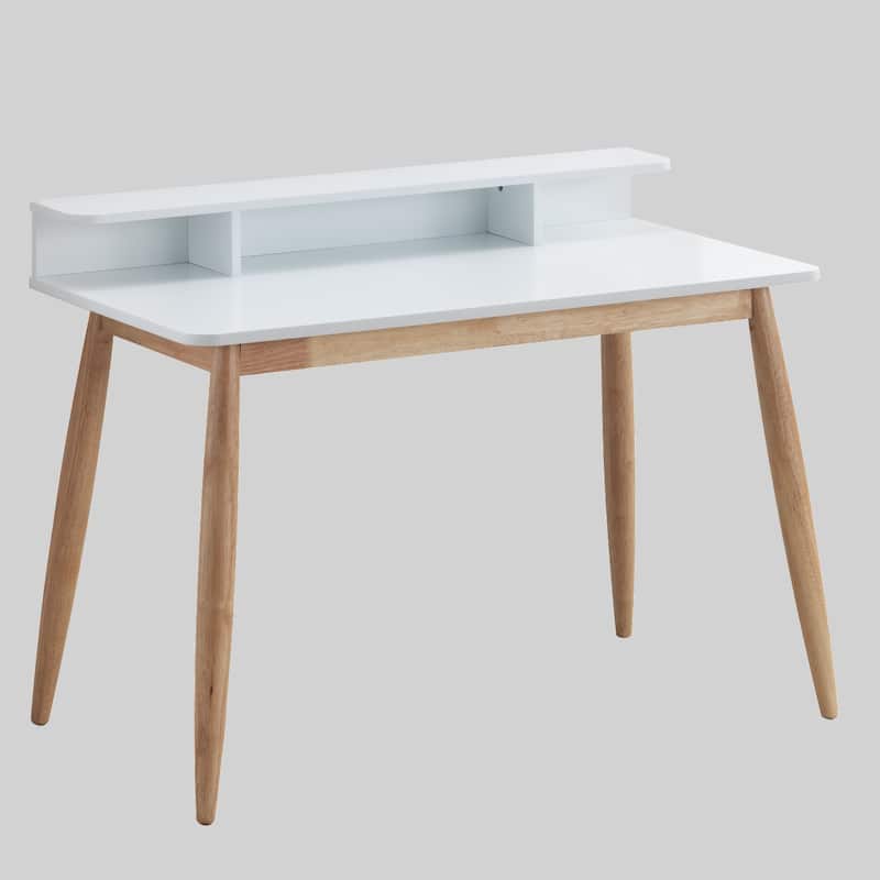 43" Mid-Century Modern Desk with Hutch and Storage Shelves, Rubberwood Legs - White