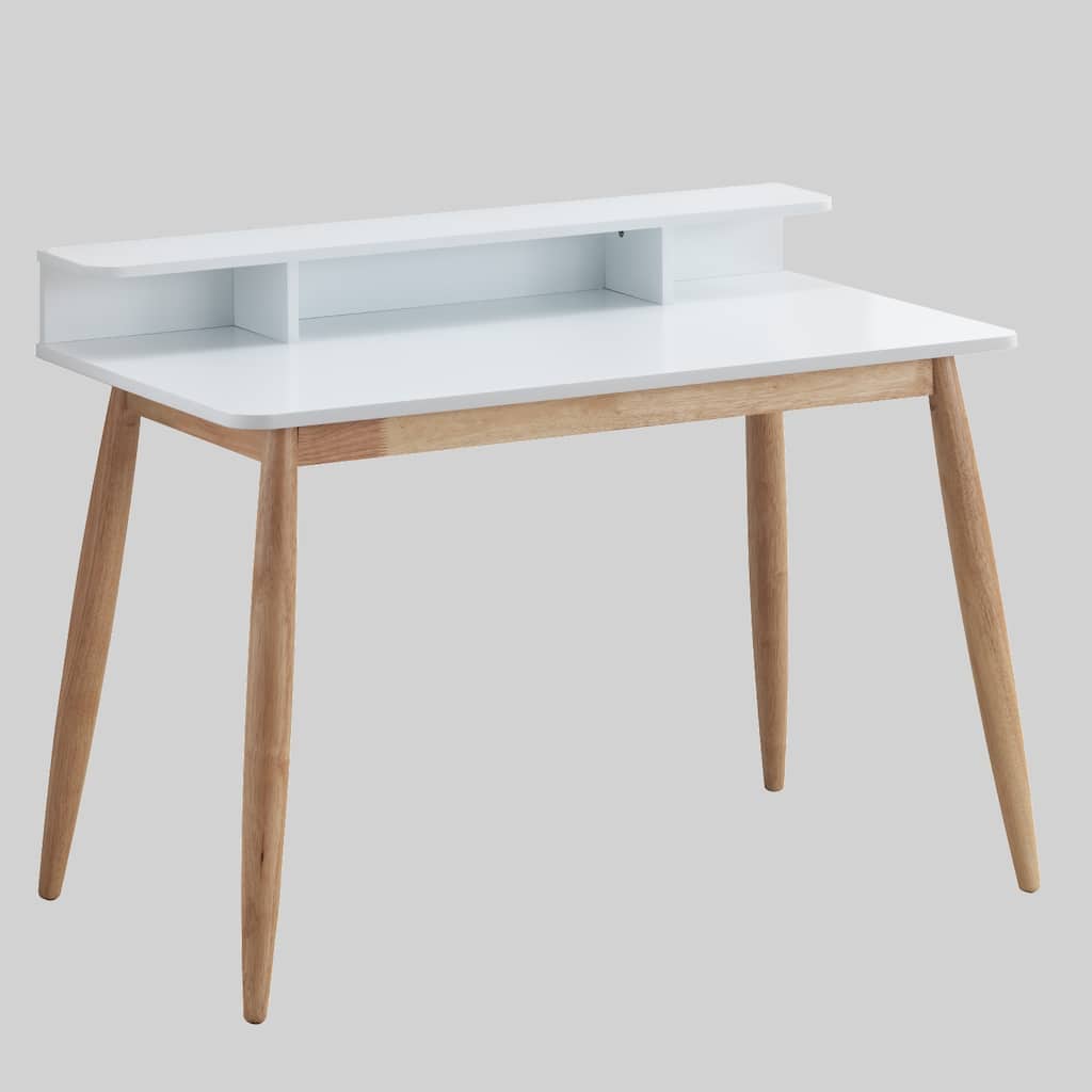43" Mid-Century Modern Desk with Hutch and Storage Shelves, Rubberwood Legs