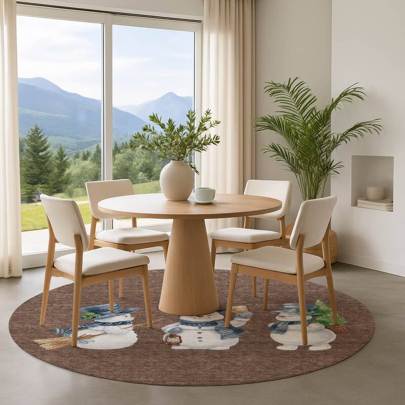 Premium Washable Super Soft Winter Holiday Snowman Mayfield Rug - Brown - 8' x 8'