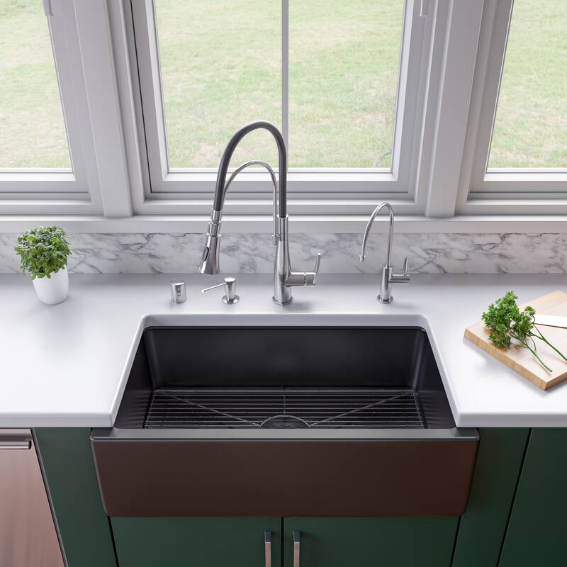 ALFI brand Modern 33" x 18" Reversible Fluted / Smooth Rectangular Fireclay Farm Sink - Black Gloss