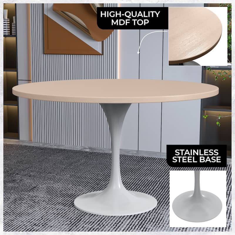 Verve Modern Round MDF Wood Top Dining Table with White Finish Steel Pedestal Base Furniture for Kitchen and Dining Room - 47.24