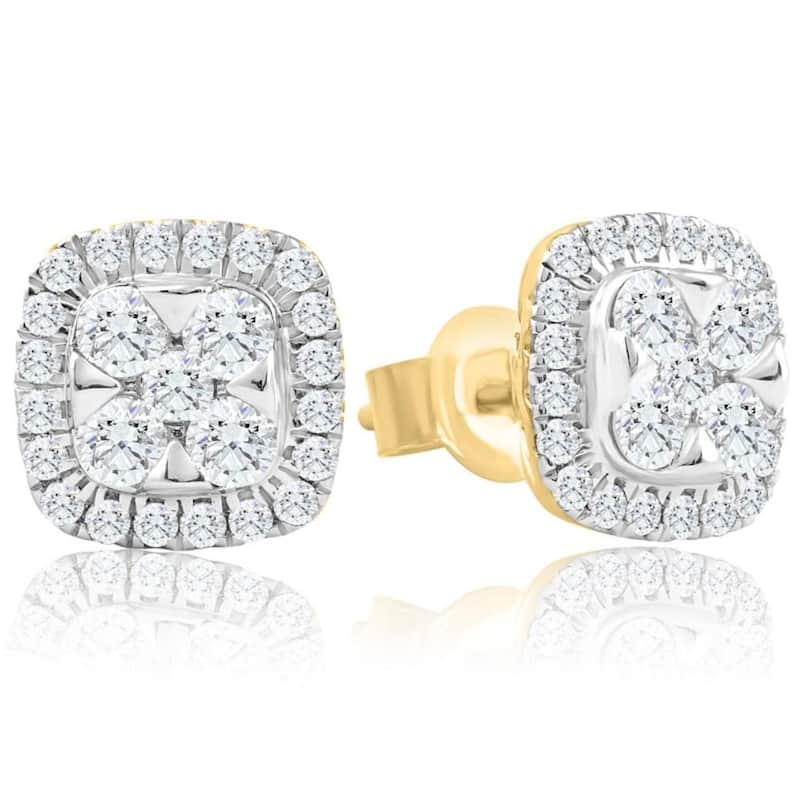 1Ct T.W. Pave Diamond Cushion Halo Studs Yellow Gold Lab Grown Earrings