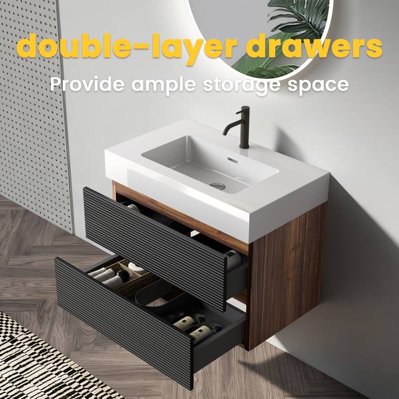 GDFStudio - Grace Floating Bathroom Vanity with Solid Surface Sink and Soft-Close Storage