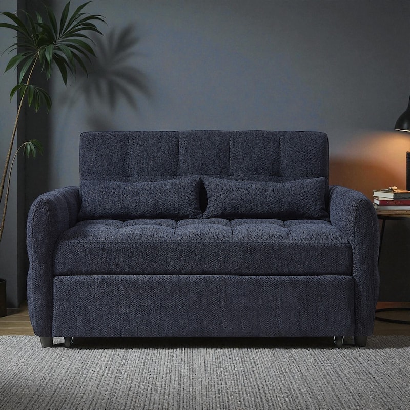 52.8" Loveseat Pull-Out Sleeper Sofa Bed with Adjustable Backrest, USB Ports and Pillows, Tufted Chenille Sofa - Blue