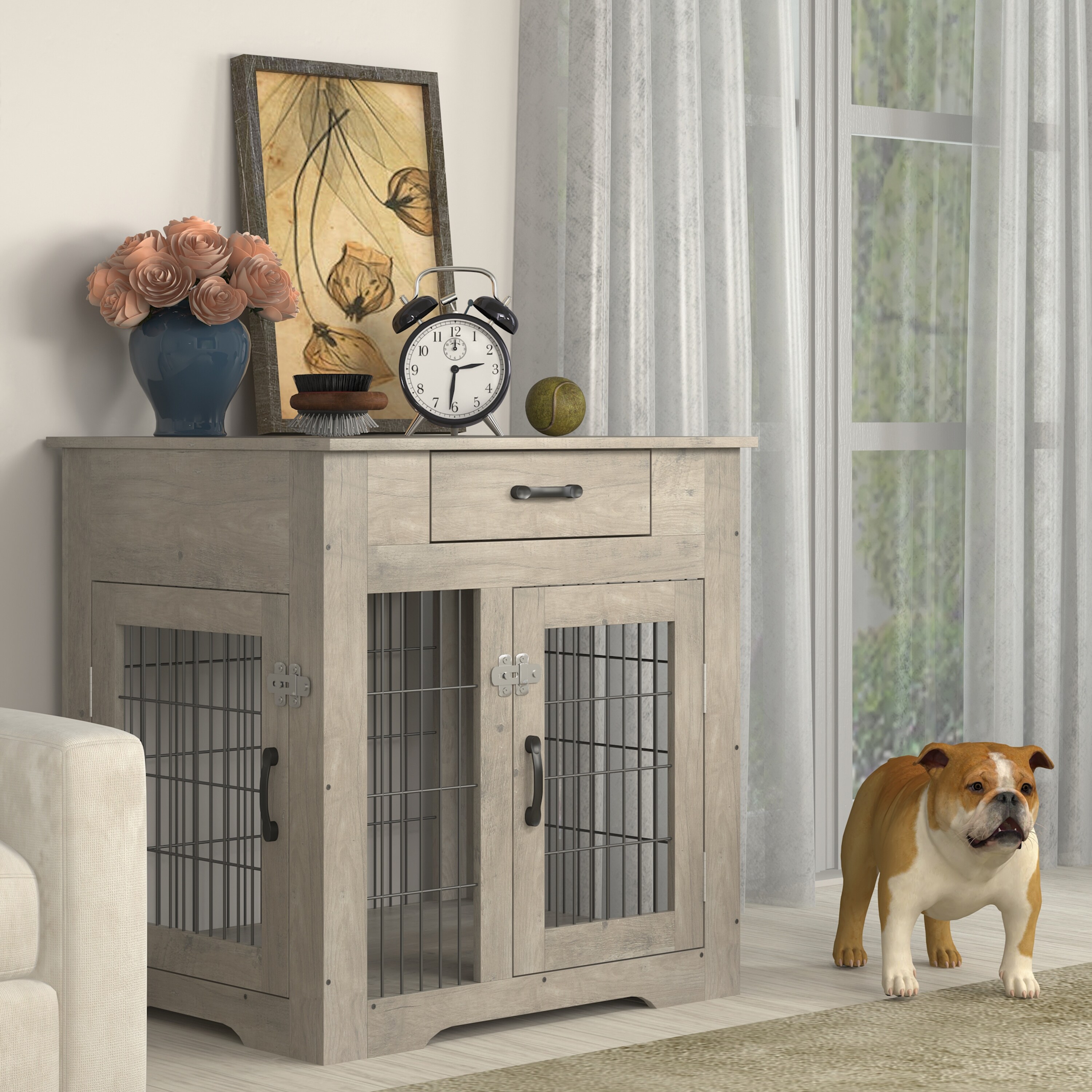 Furniture Style Dog Crate and Table with Drawer Pet Kennels with Double Doors Grey