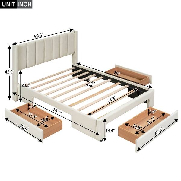 Full Size Upholstered Platform Bed with One Large Drawer in the Footboard and Drawer on Each Side