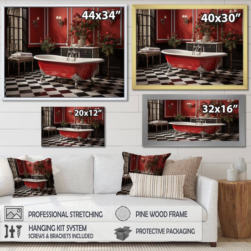 Designart "Red Modern Bathroom Charm IV" Bath & Laundry Framed Wall Art Prints