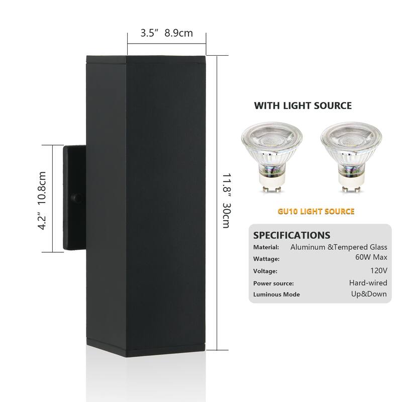 2-Pack Outdoor Wall Sconce, Modern Up and Down Weatherproof Wall Light, Black Aluminum Exterior Wall Mount Light Fixture