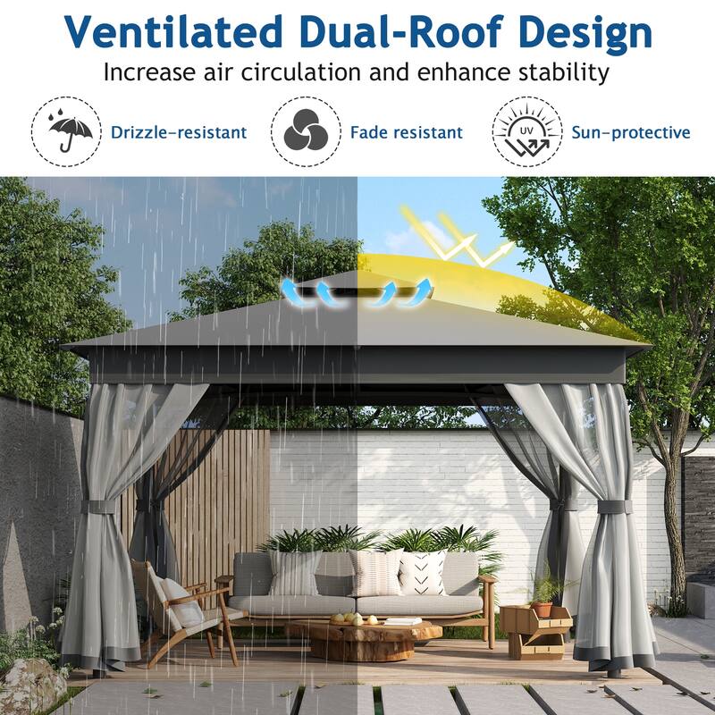 Outdoor Gazebo Tent with Double Roofs & Mosquito Netting
