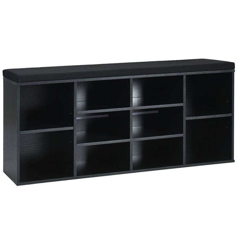 10-Cube Shoe Storage Bench with Cushion for Entryway and Bedroom - 41" x 12" x 19" (L x W x H) - Black