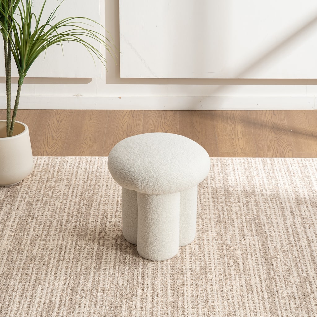 Mushroom Stool, Sherpa Upholstered Round Ottoman, Modern Foot Stool for Living Room, Entryway, Bedroom Vanity
