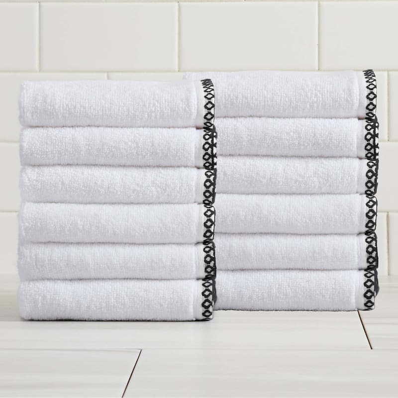 Linery & Co. Quick-Dry Cotton and Decorative Border Towel Set - Washcloth (Pack of 12) - White / Black