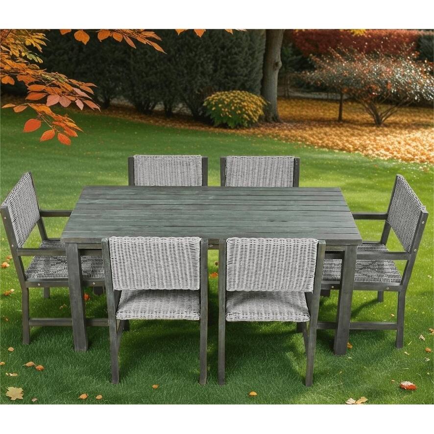 Malwee 7 Pieces Outdoor Dining Table Set,Acacia Wood and Rattan Outdoor Dining Set with Rectangular Table and 6 Chairs - N/A